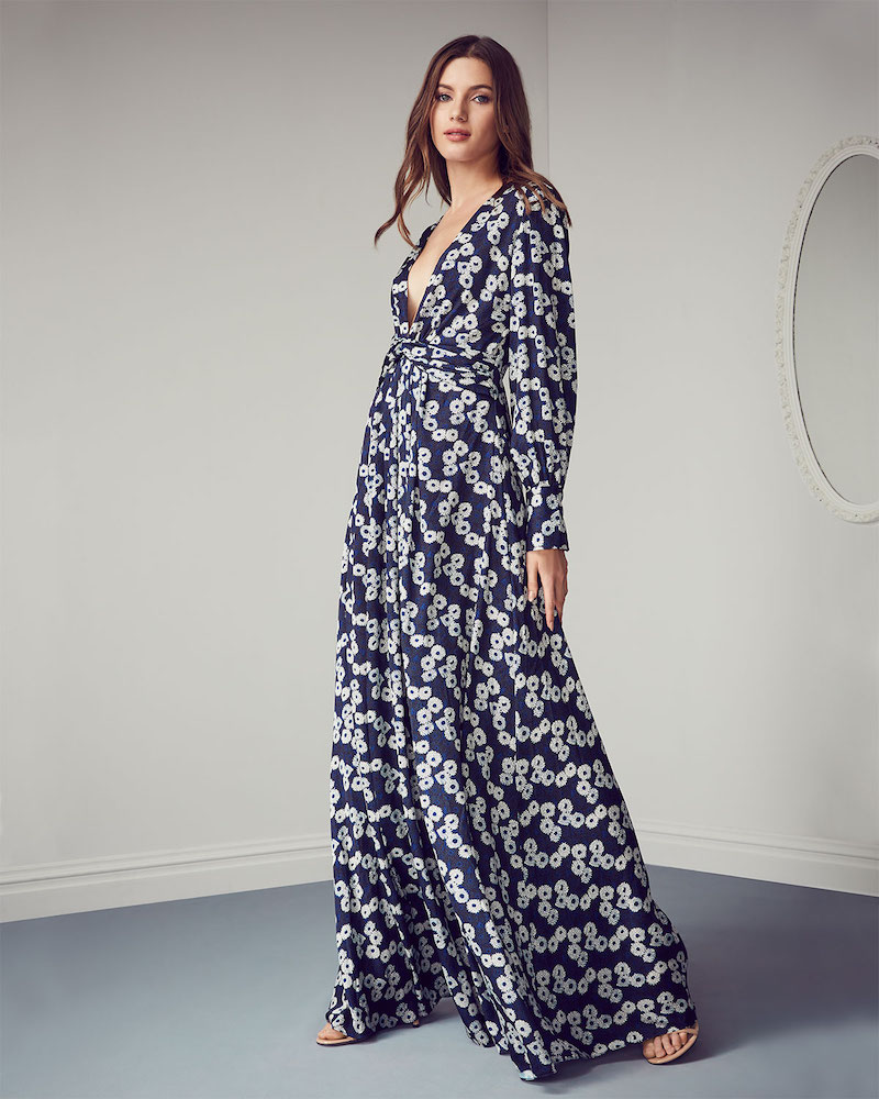 Lela Rose V-Neck Long-Sleeve Floral-Print A-Line Evening Gown