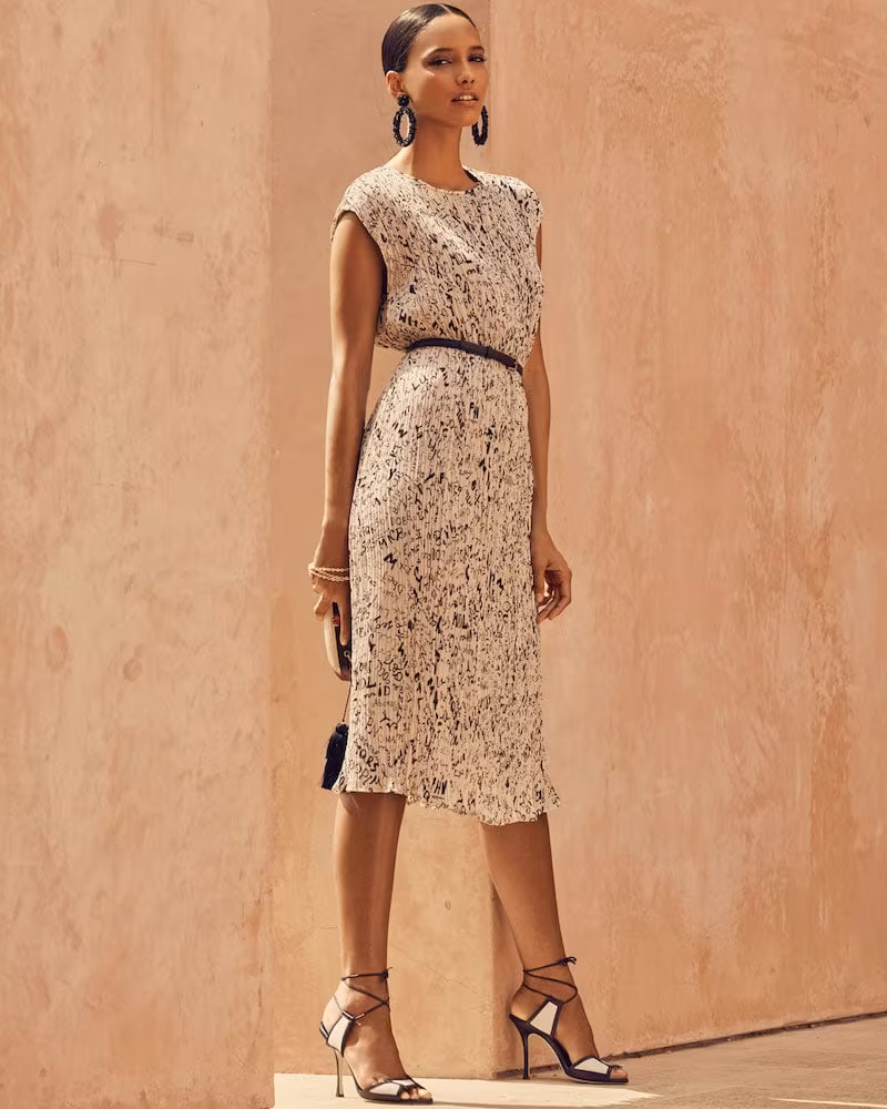 Maxmara Rina Cap-Sleeve Graffiti-Print Plisse Belted Midi Dress