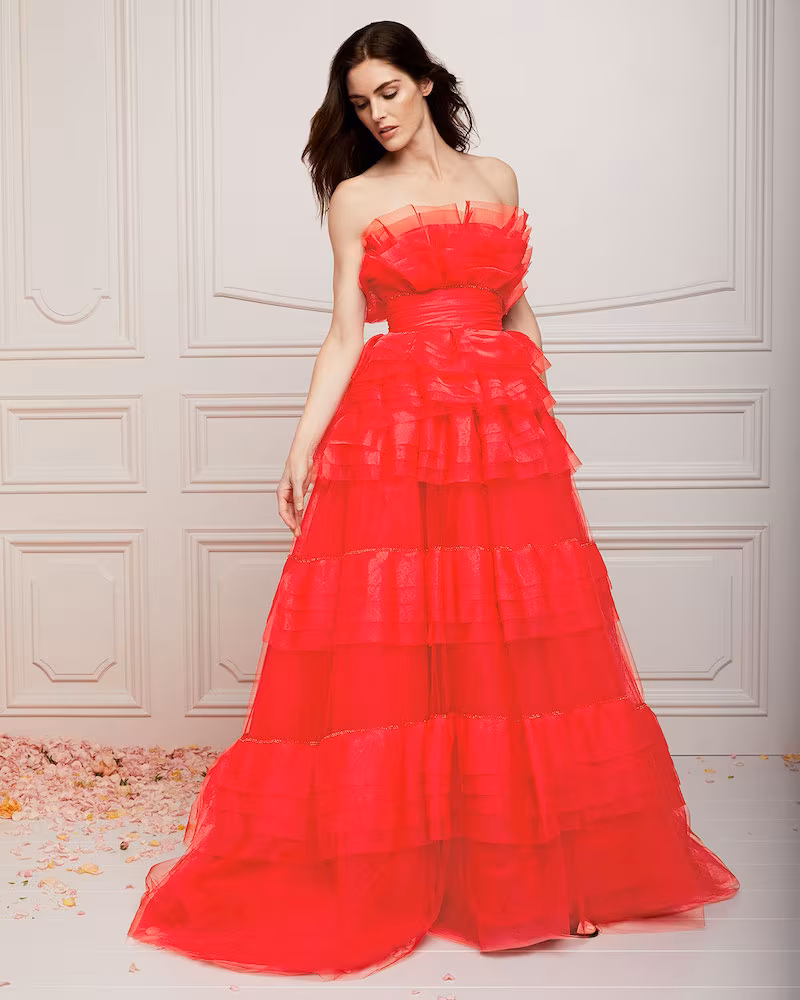 Monique Lhuillier Strapless Tiered Organza Ball Gown