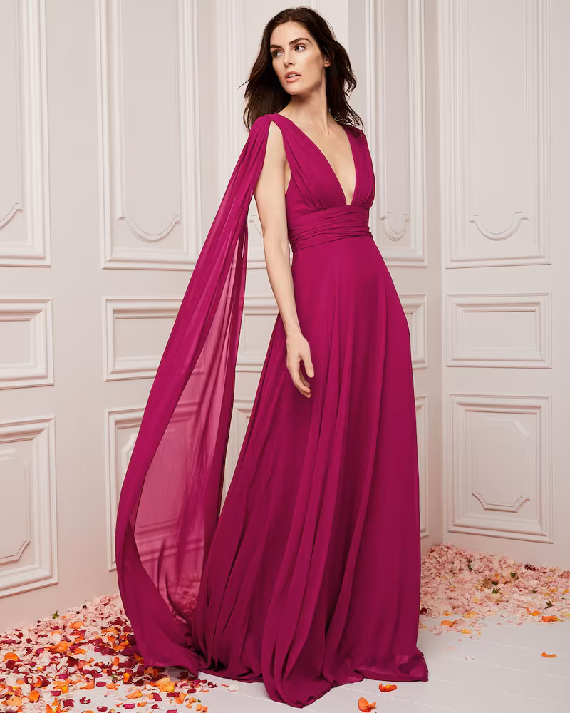 Monique Lhuillier V-Neck Shoulder-Streamers Draped Silk Chiffon Evening Gown