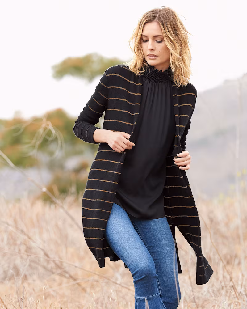 Neiman Marcus Cashmere Collection Cashmere Metallic-Striped Duster Sweater