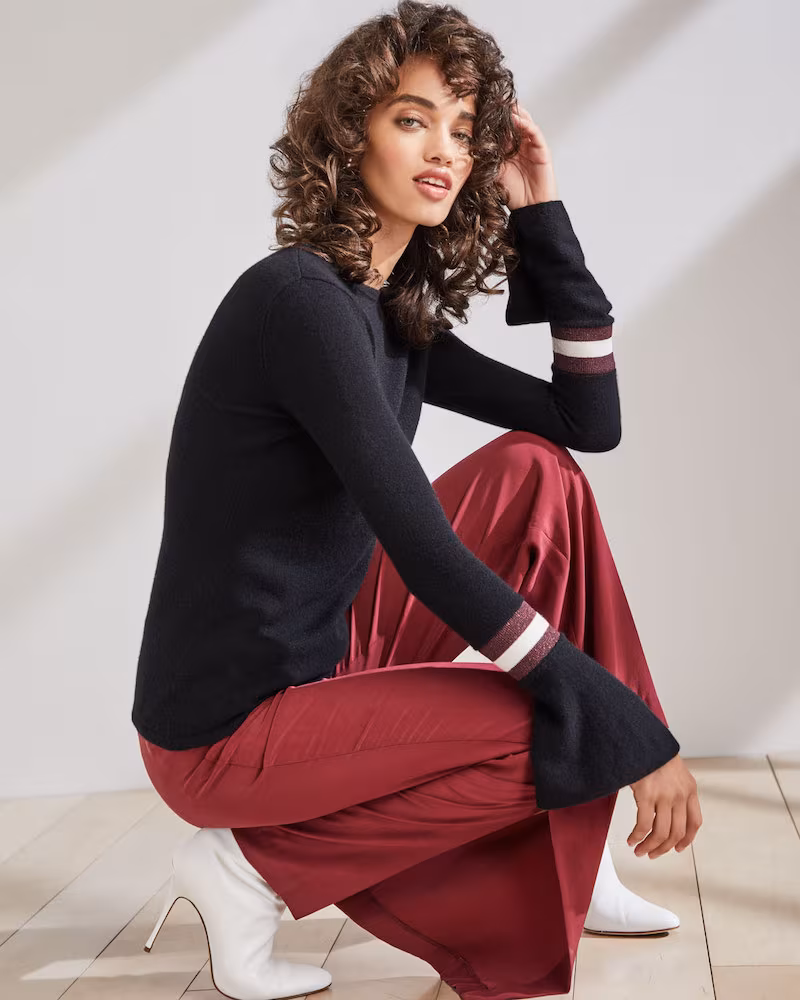 Neiman Marcus Cashmere Collection Cashmere Striped Flare-Sleeve Sweater