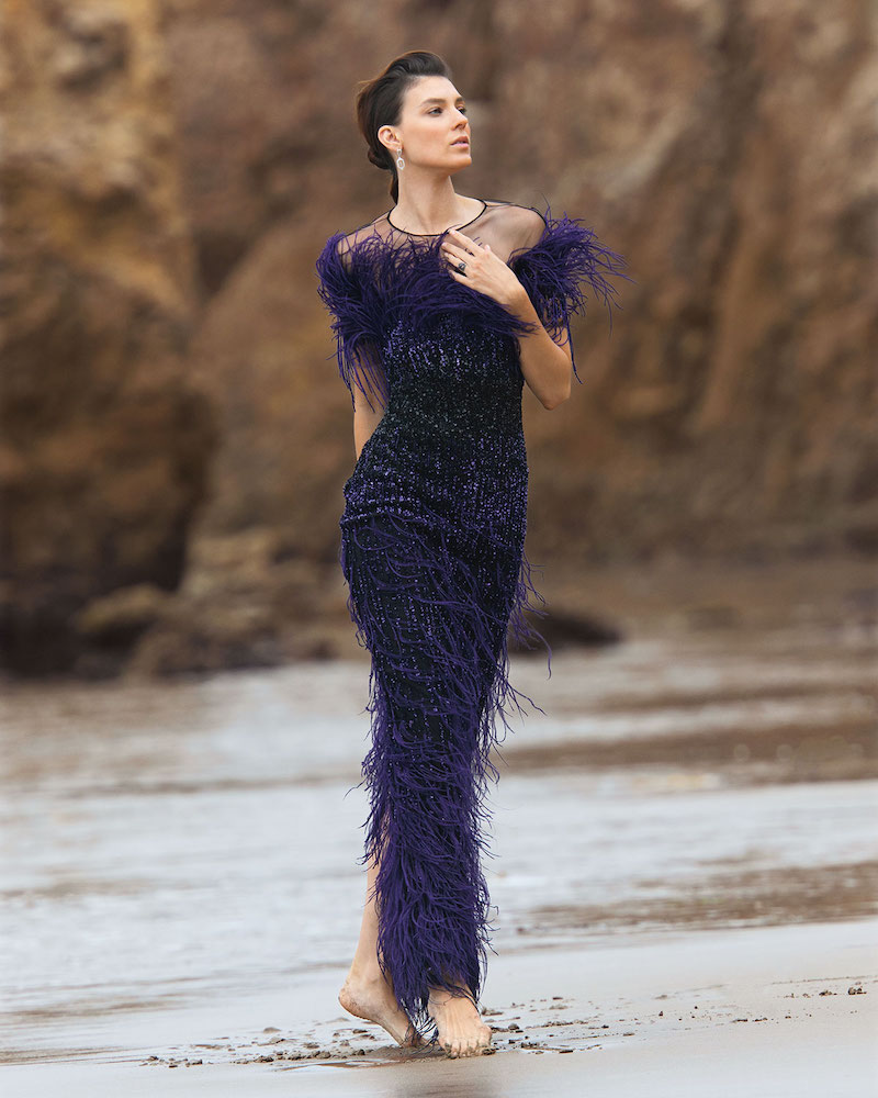 Pamella Roland Feather & Sequined Illusion Gown