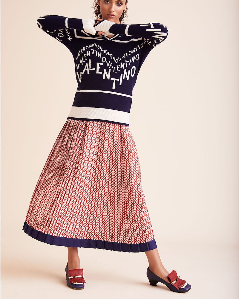 Valentino High-Waist Optical Logo-Print Pleated A-Line Midi Skirt