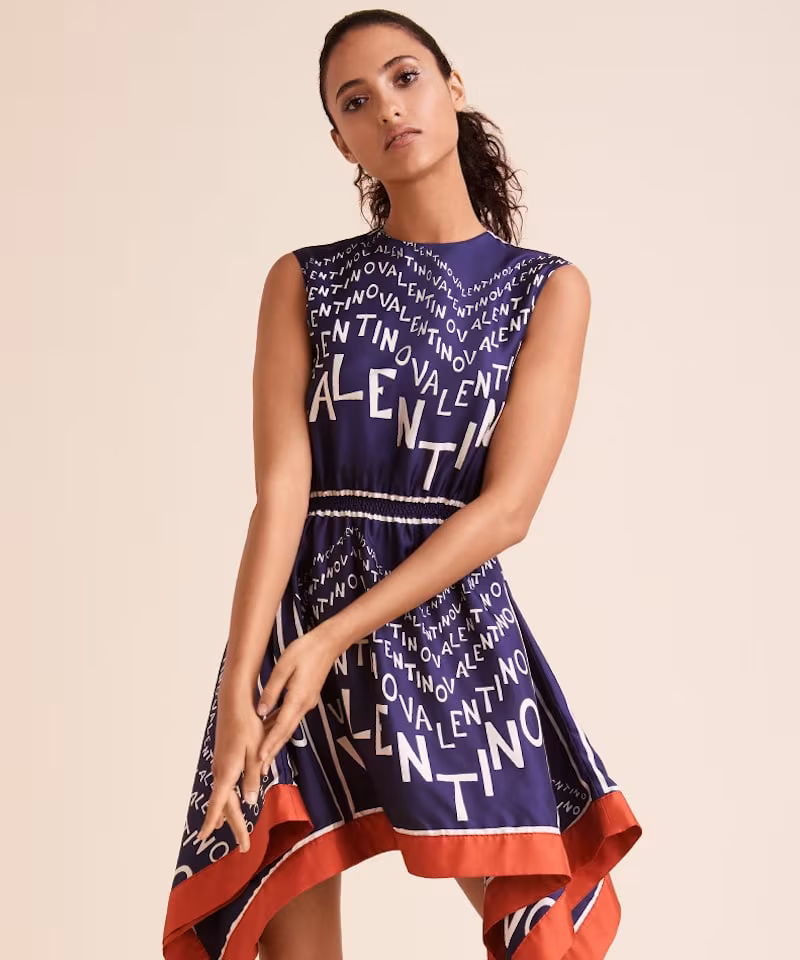 Valentino Sleeveless Logo Puzzle-Print Silk Twill Dress with Scarf Hem