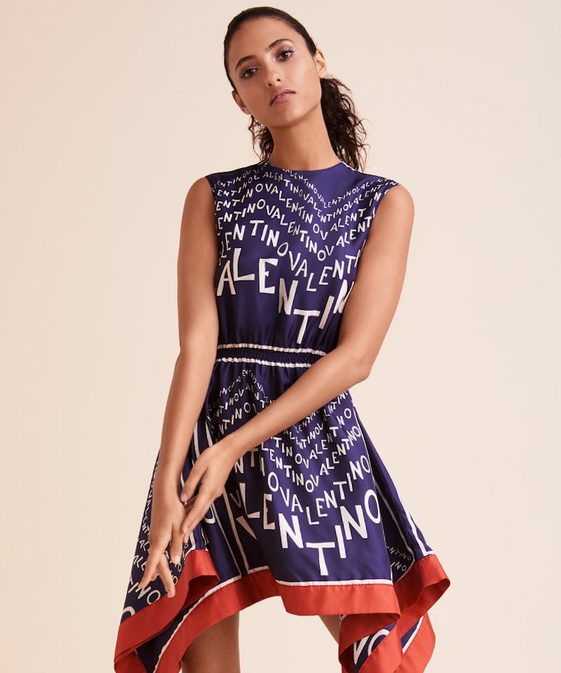 Valentino Sleeveless Logo Puzzle-Print Silk Twill Dress with Scarf Hem
