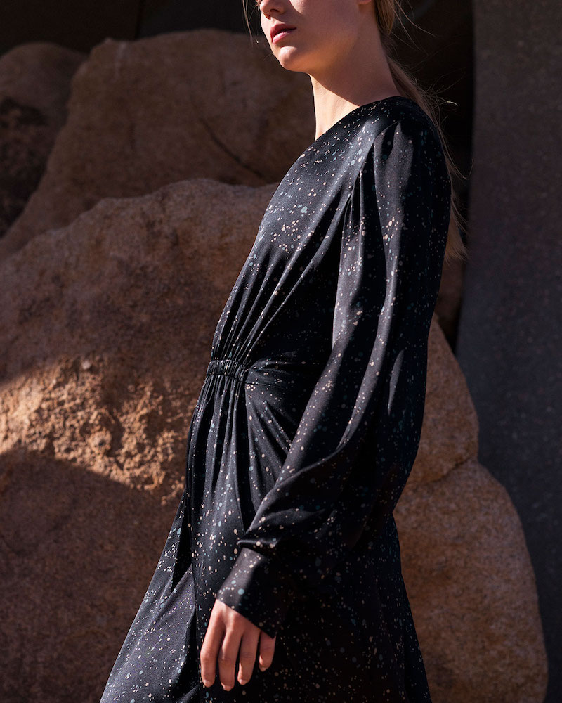 Vince Constellation-Print Satin V-Neck Long-Sleeve Dress