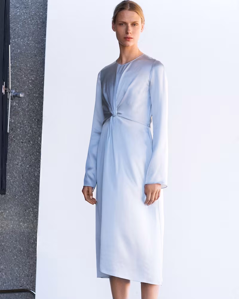 Vince Twist-Front Long-Sleeve Silk Midi Dress