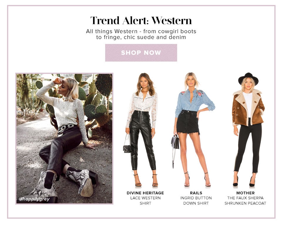 Trend Alert: Western. All things Western - from cowgirl boots to fringe, chic suede and denim. SHop now.
