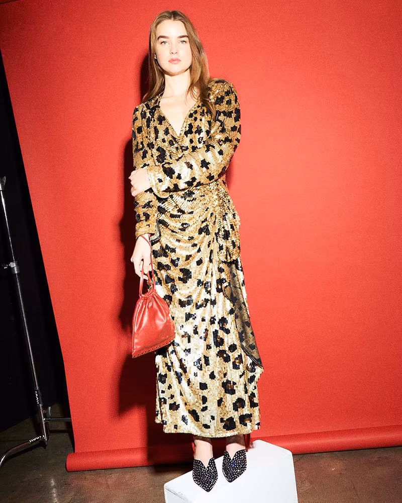 Attico Long-Sleeve Wrap-Front Leopard-Sequin Evening Dress