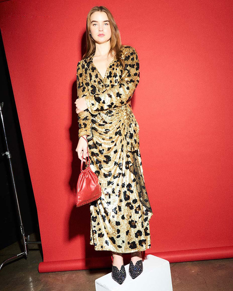 Attico Long-Sleeve Wrap-Front Leopard-Sequin Evening Dress