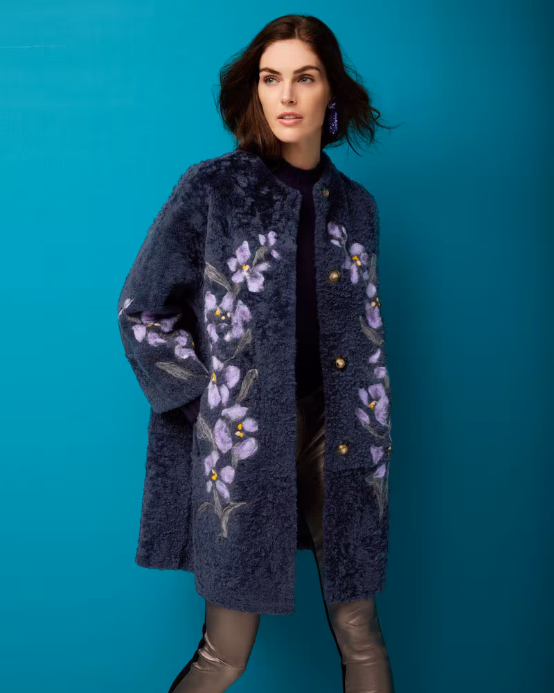 Christia Floral-Embroidered Lamb Shearling Fur Stroller Coat