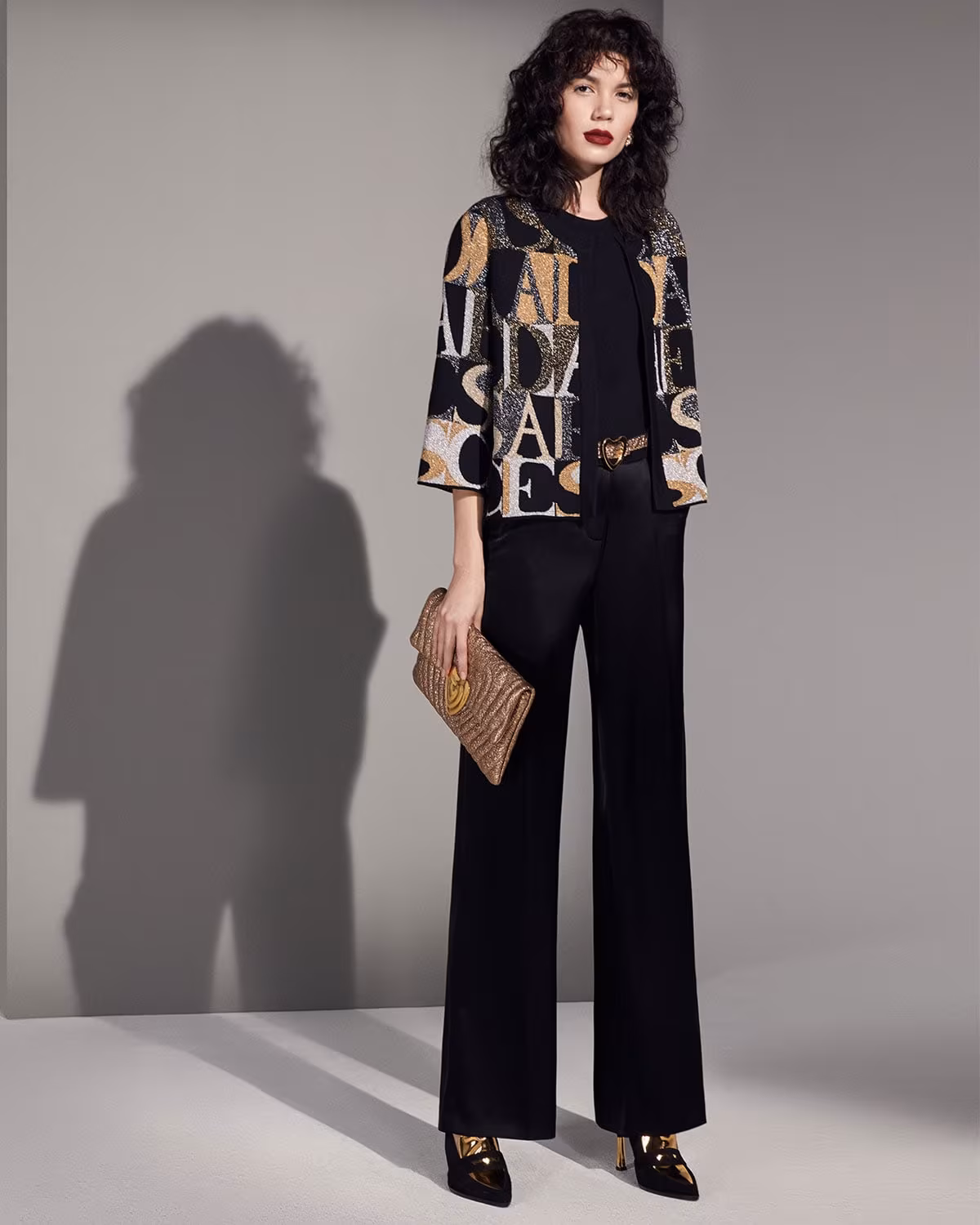 Escada Open-Front Logo-Intarsia Metallic-Knit Cardigan