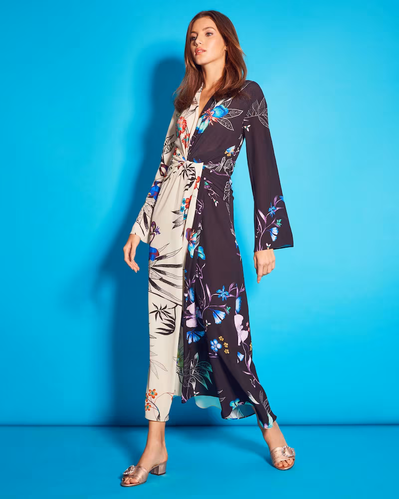 Etro Long-Sleeve Floral-Print Bi-Color V-Neck Shirred Wrap Dress