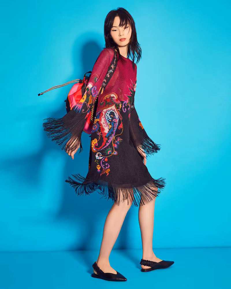 Etro Paisley Knit Fringed Bell-Sleeve Shift Dress