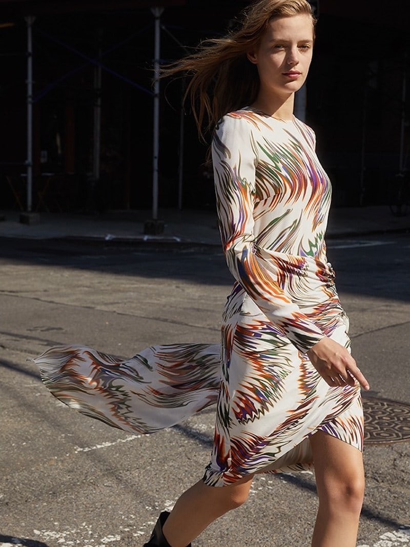 Givenchy Long Sleeve Printed Asymmetrical Silk Dress