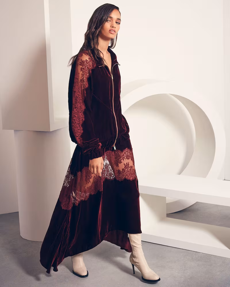 Stella McCartney Zip-Front Velvet Bomber Jacket With Lace Inset