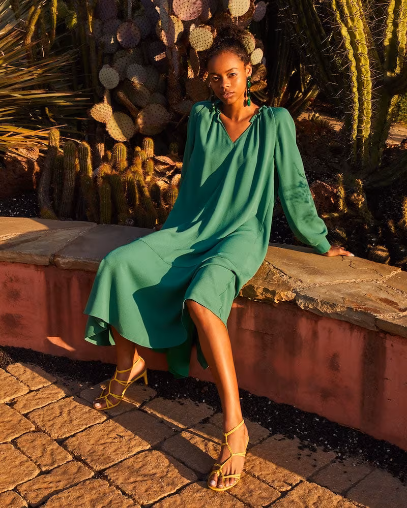 Tibi Split Neck Ruffle Dress with Slip