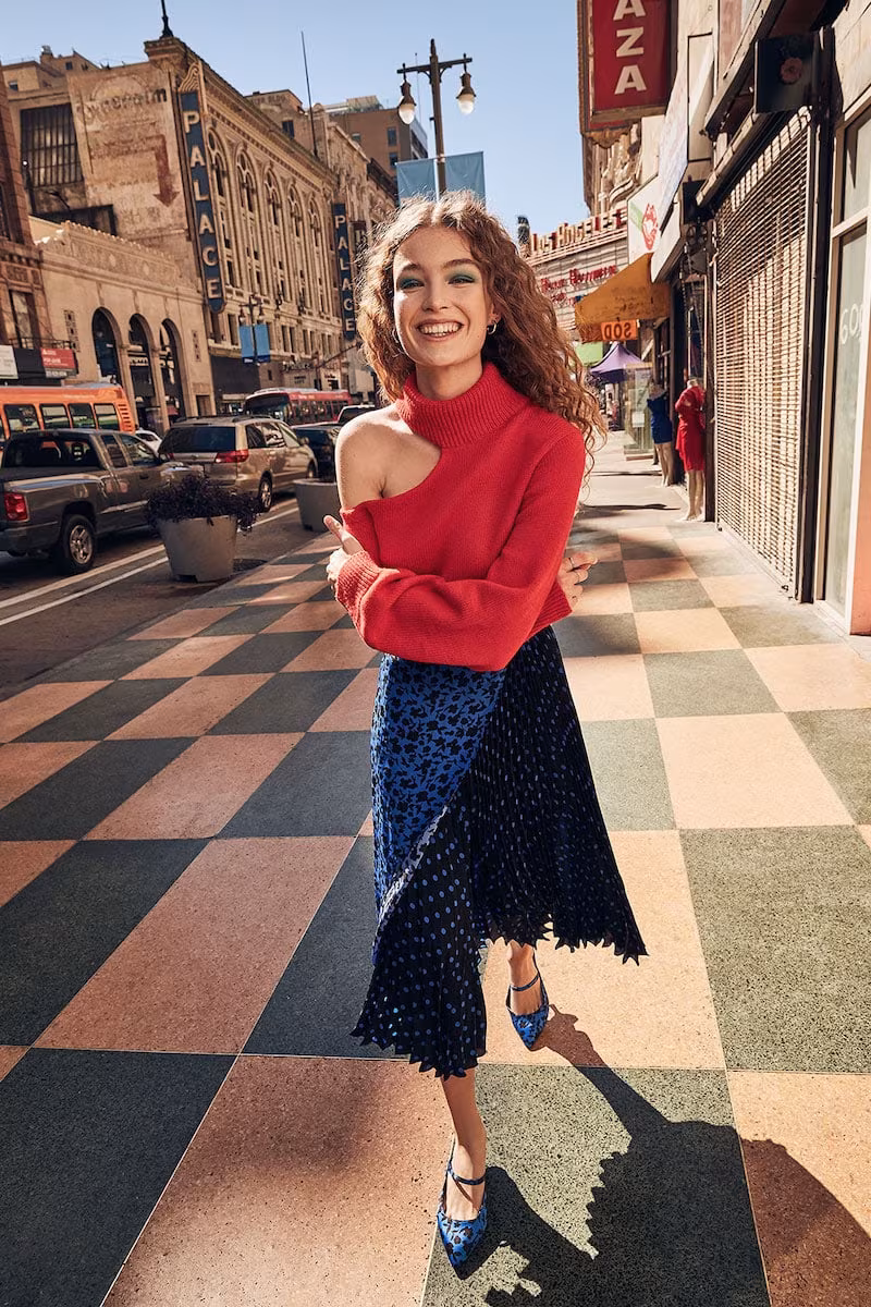 alice + olivia Lilia Asymmetrical Pleated Midi Skirt