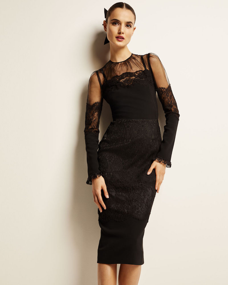 Dolce & Gabbana Long-Sleeve Sheer-Yoke Lace-Trim Midi Dress