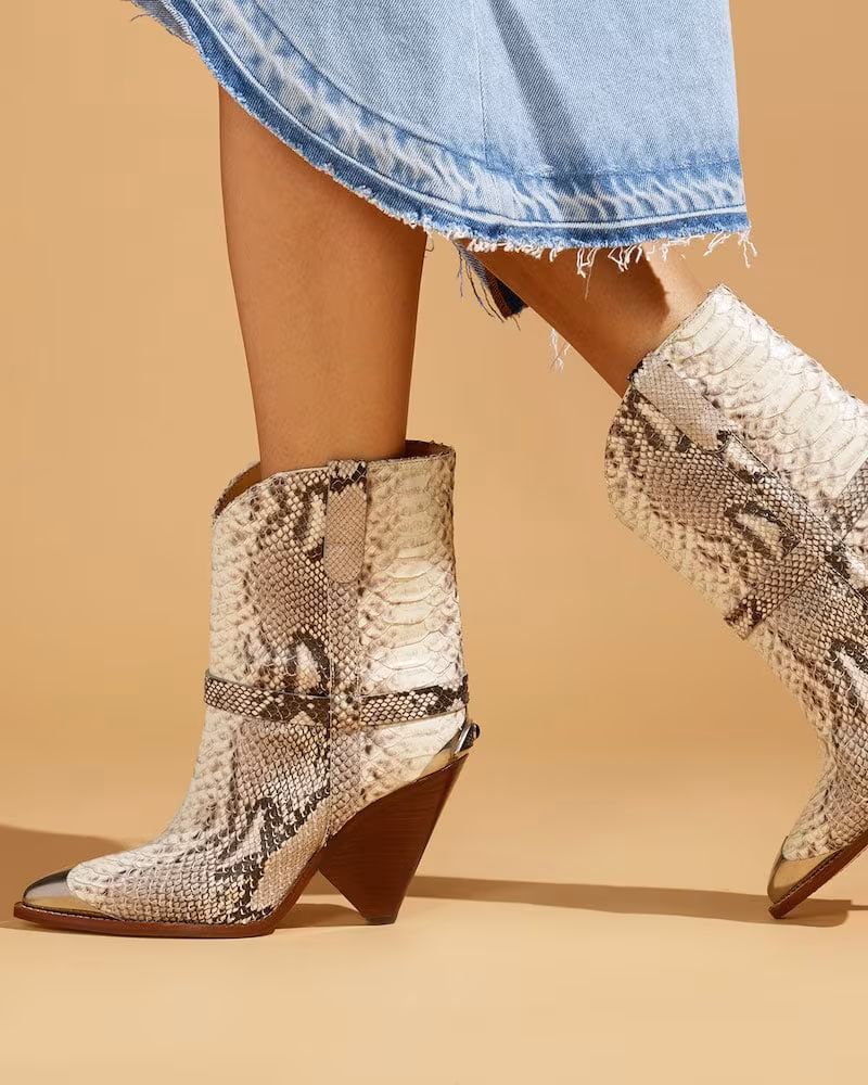 Isabel Marant Lamsy Low Snake-Print Leather Western Boots