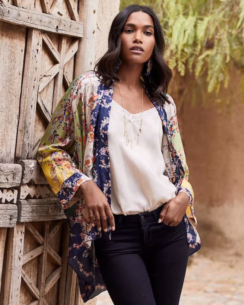 Johnny Was Dolce Long-Sleeve Floral-Print Georgette Kimono