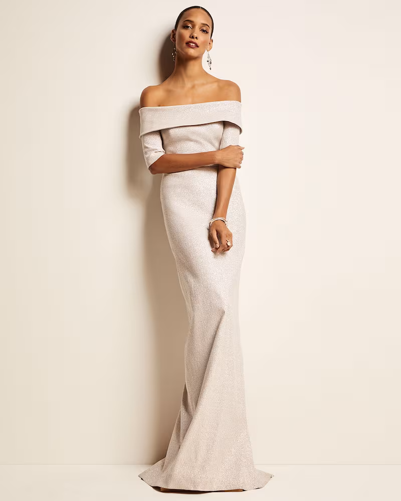 Rickie Freeman for Teri Jon Off-the-Shoulder Short-Sleeve Metallic Jacquard Column Gown