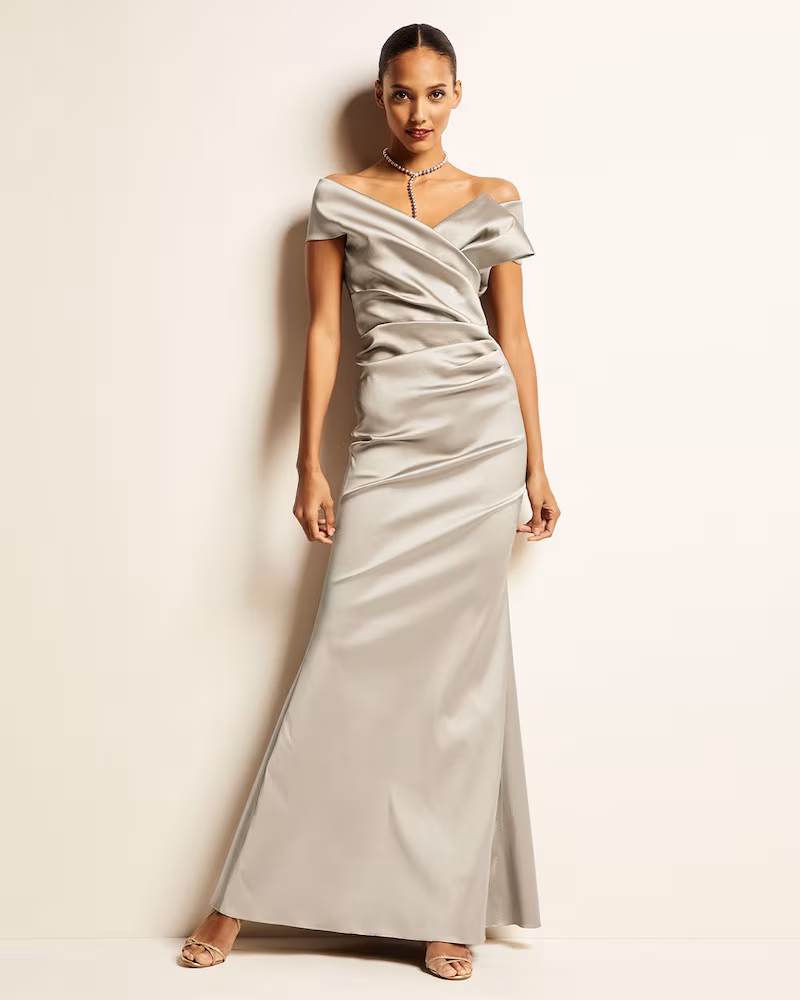 Rickie Freeman for Teri Jon One-Shoulder Stretch Gazar Draped Trumpet Gown