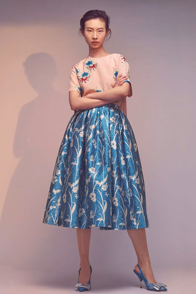 Rochas Floral-Print Duchess-Satin Pleated Skirt