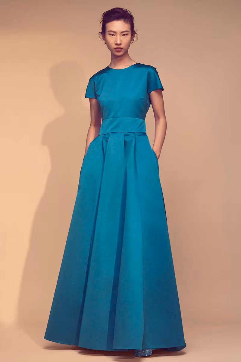 Rochas Short-Sleeved Duchess Satin Gown