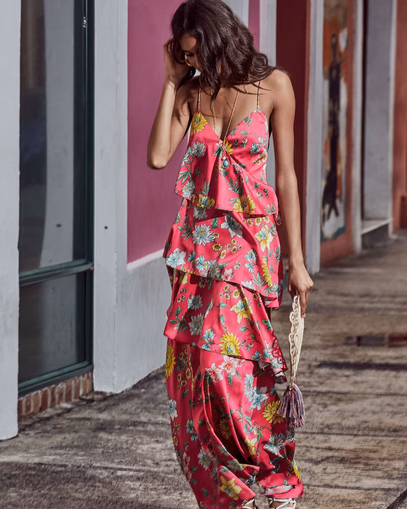 Aidan by Aidan Mattox Tiered Floral-Print Ruffle Open-Back Maxi Dress