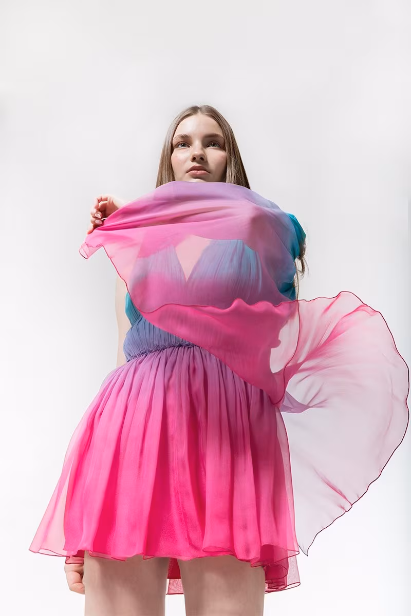 Alberta Ferretti Degradè Chiffon Mini Dress W/ Cape