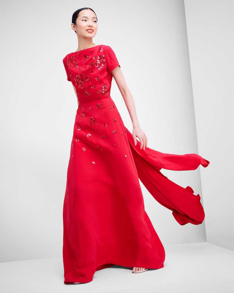 Carolina Herrera Short-Sleeve Floral-Sequined Gown