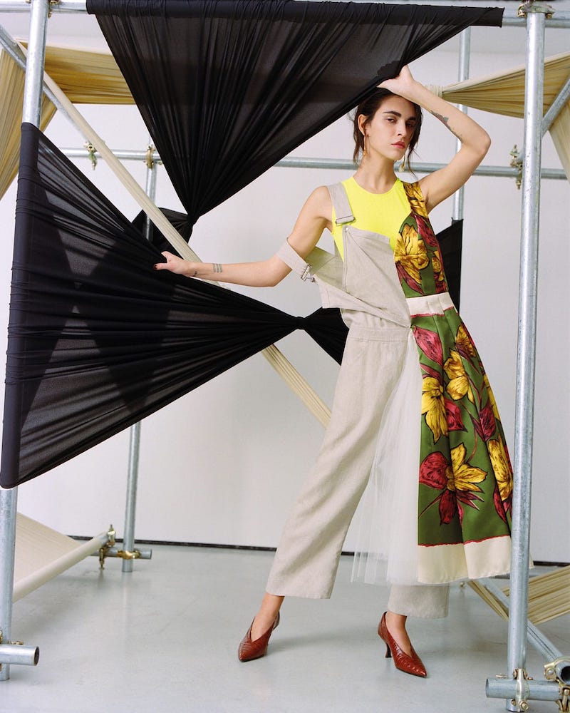 Junya Watanabe Comme des Garçons Mixed Print Satin and Linen Dungaree Dress