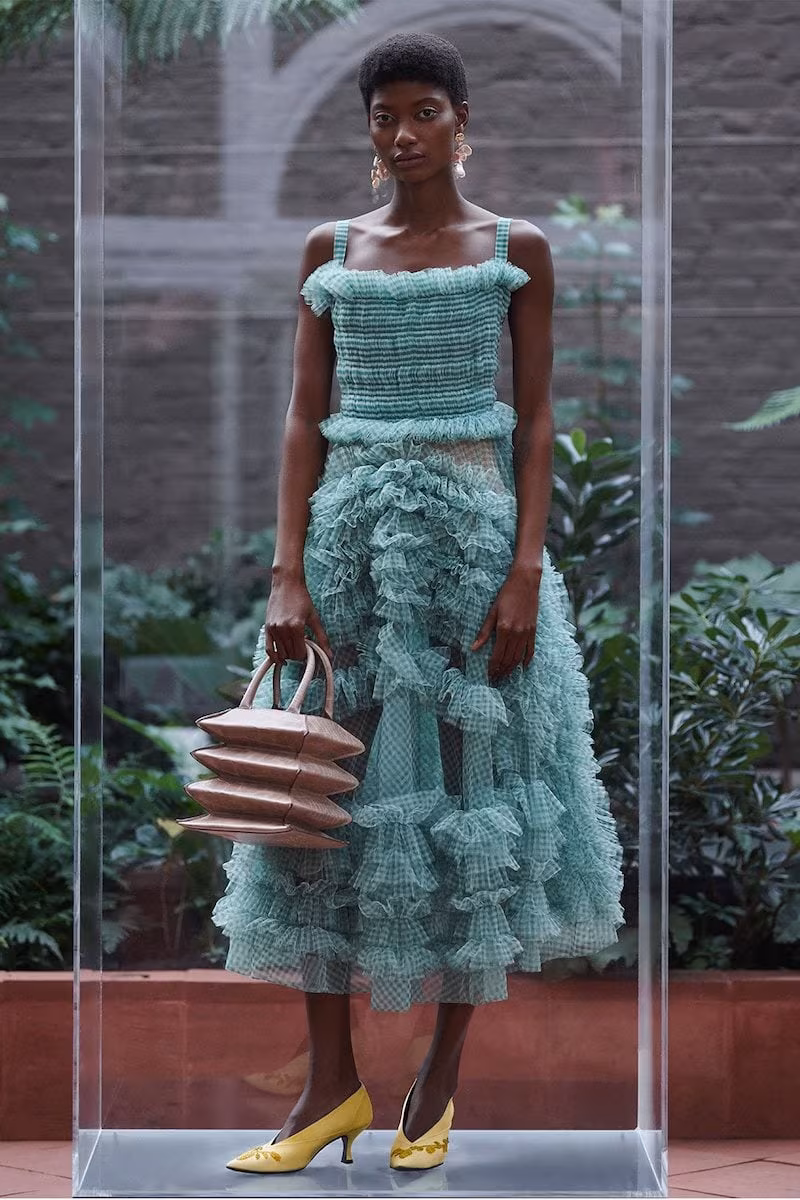 Molly Goddard Flo Gingham-Organza Ruffle Midi Dress