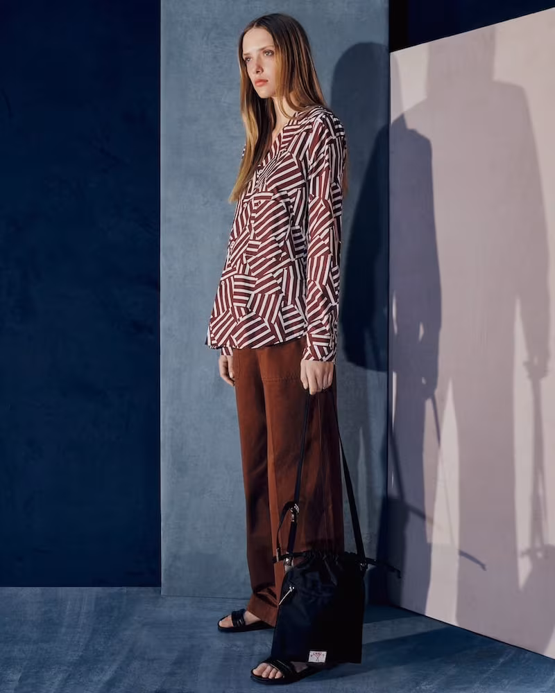 PLAN C Geometric-Pattern Cotton Poplin V-Neck Blouse