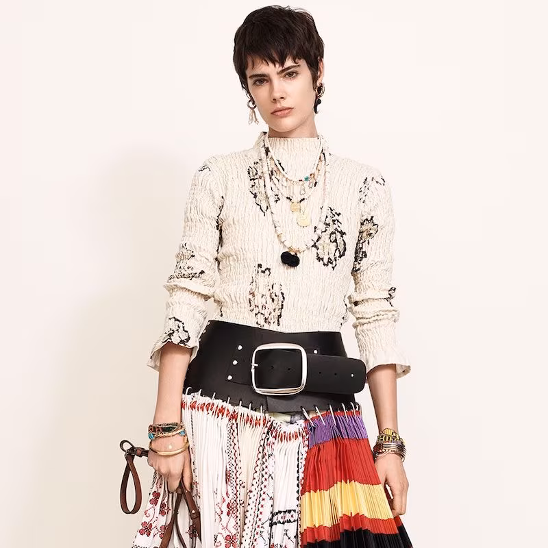 Sir Aster Mock Neck Print Elastic Linen Top