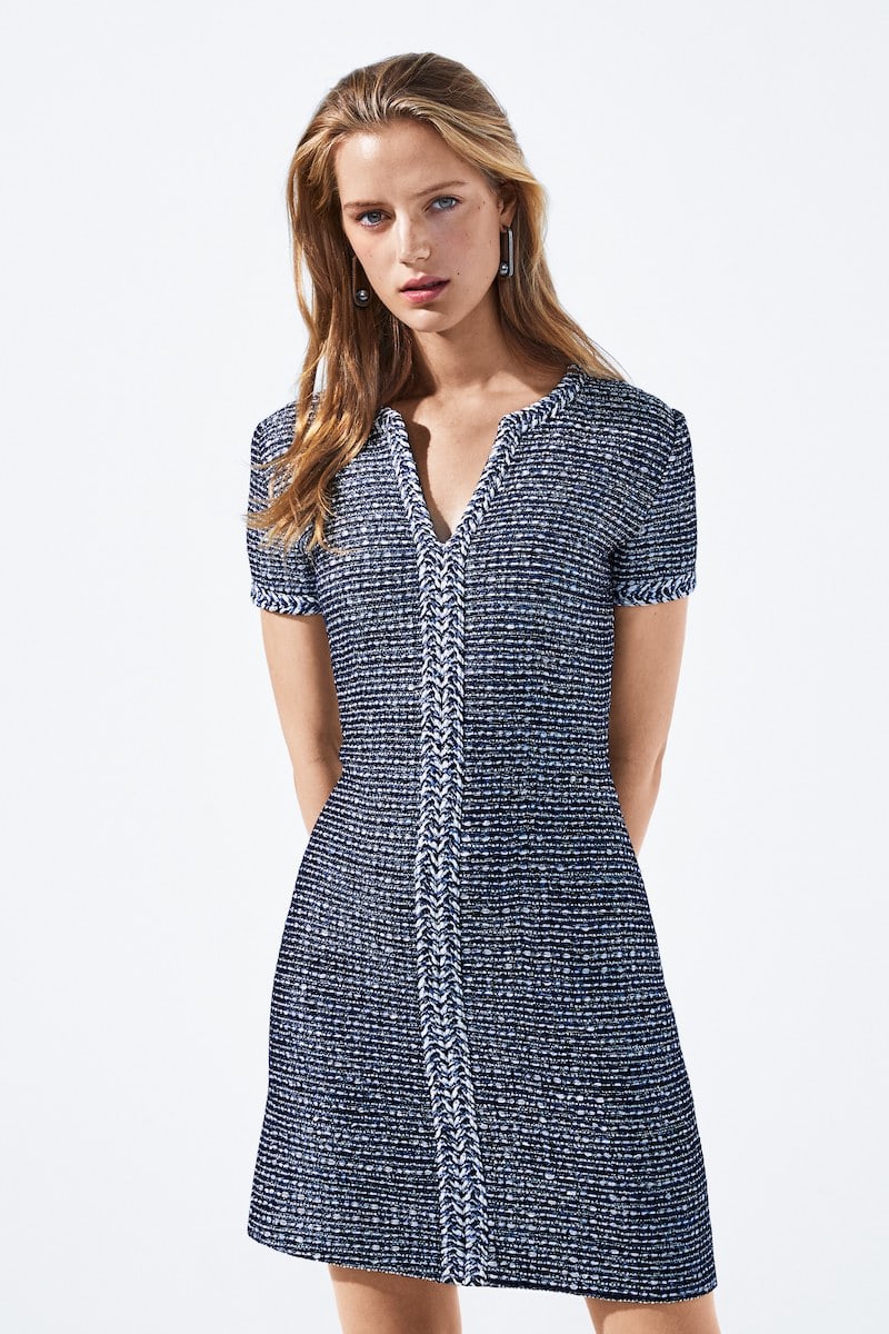 St. John Collection Camille V-Neck Short-Sleeve A-Line Dress with Braided Trim