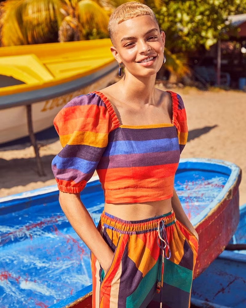Farm Rio Rainbow Puff Sleeve Crop Top
