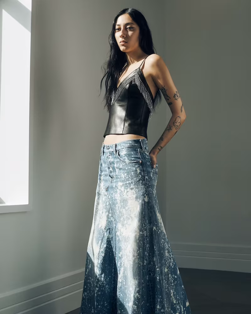 J Brand Denim Bermuda Shorts,Area Crystal-Fringed Leather Tank,Needles Bleached Denim Maxi Skirt