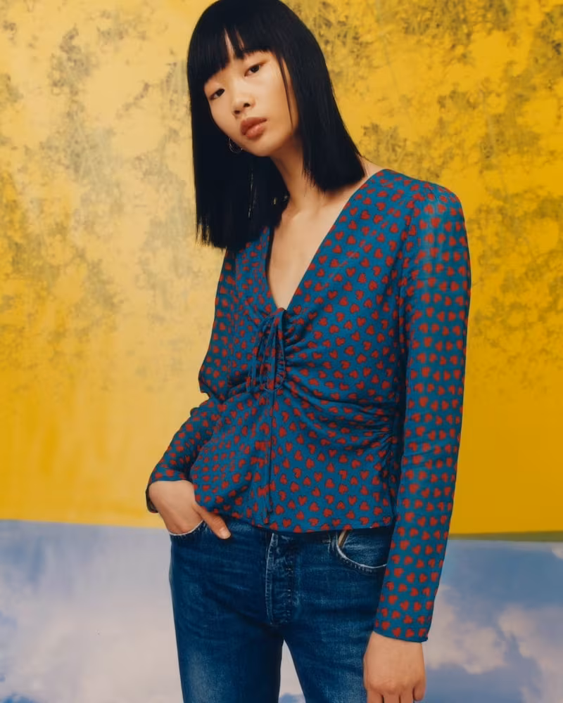 FiveSeventyFive Heart-Print Chiffon Ruched Blouse