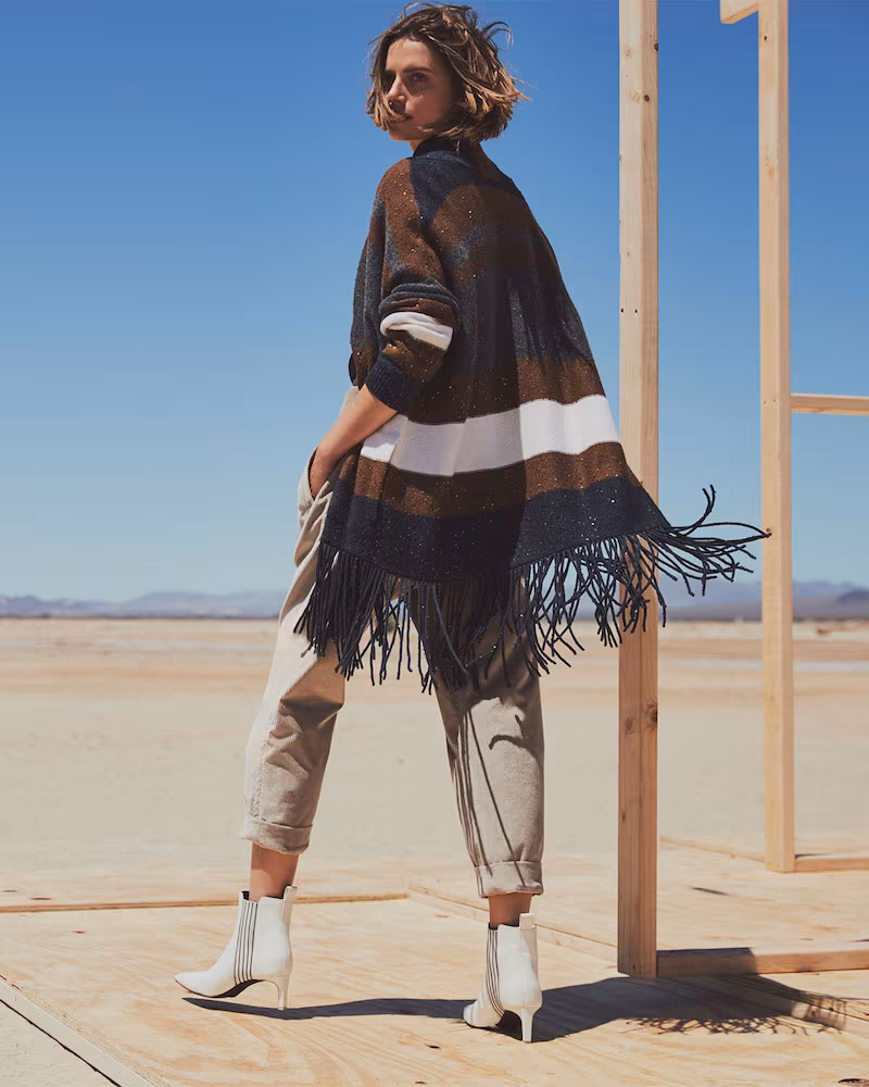Brunello Cucinelli Cashmere-Silk Sequin Striped Fringe Cardigan