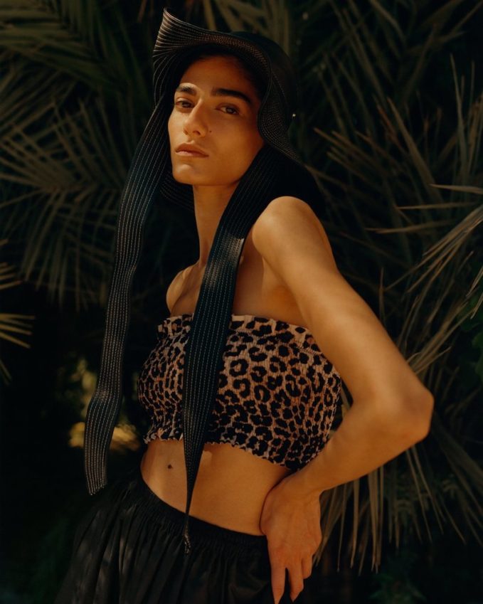 Ganni Leopard-Print Smocked Bandeau Bikini Top
