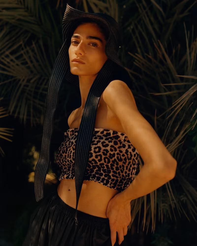 Ganni Leopard-Print Smocked Bandeau Bikini Top