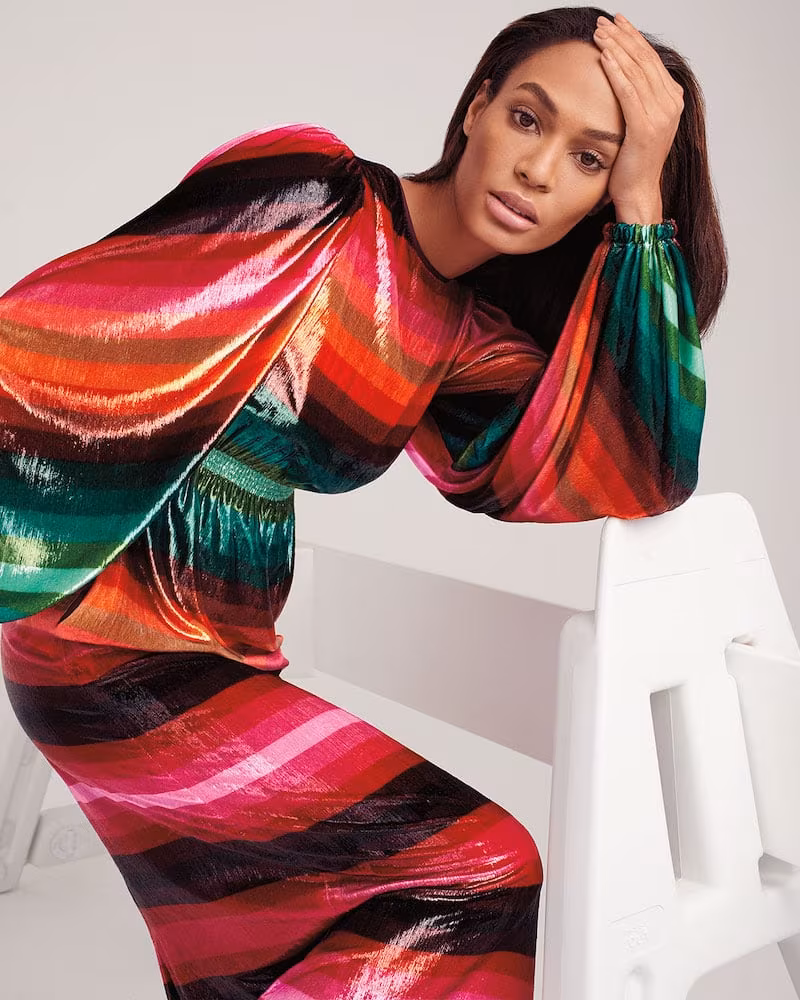 Valentino Long-Sleeve Striped Light Velvet Gown Dress