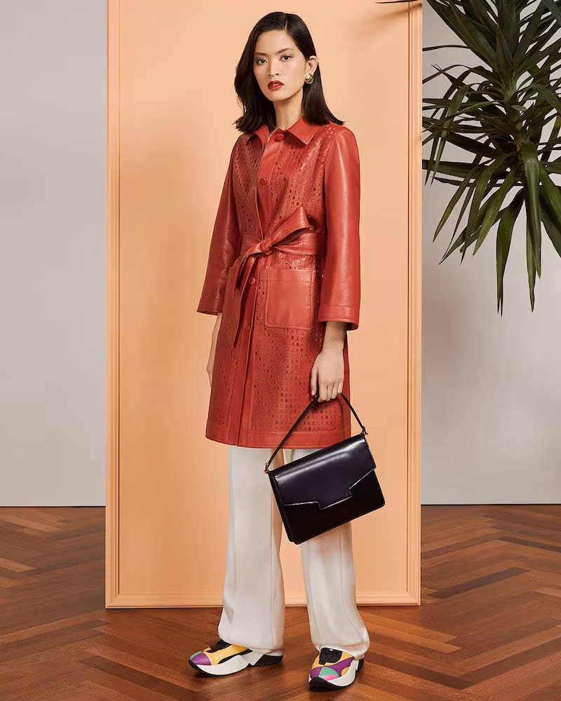 Escada Logo-Stenciled Leather Trench Coat