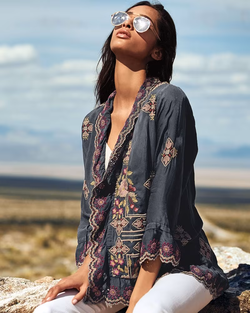 Johnny Was Lena Embroidered Scallop-Edge Tie-Front Jacket