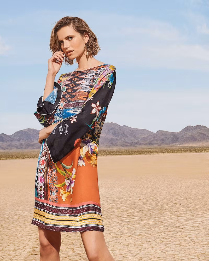Johnny Was Luna Mixed-Print Flare-Sleeve Silk Dress