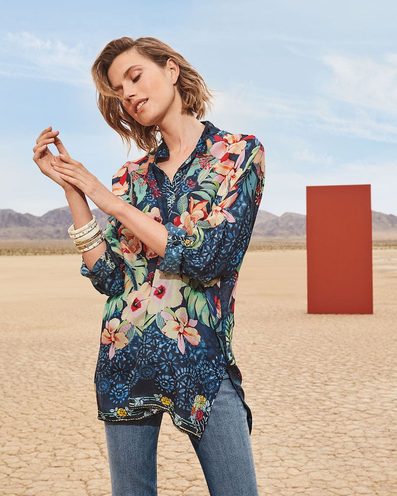Johnny Was Nelia Floral-Print Button-Front Long-Sleeve Silk Shirt