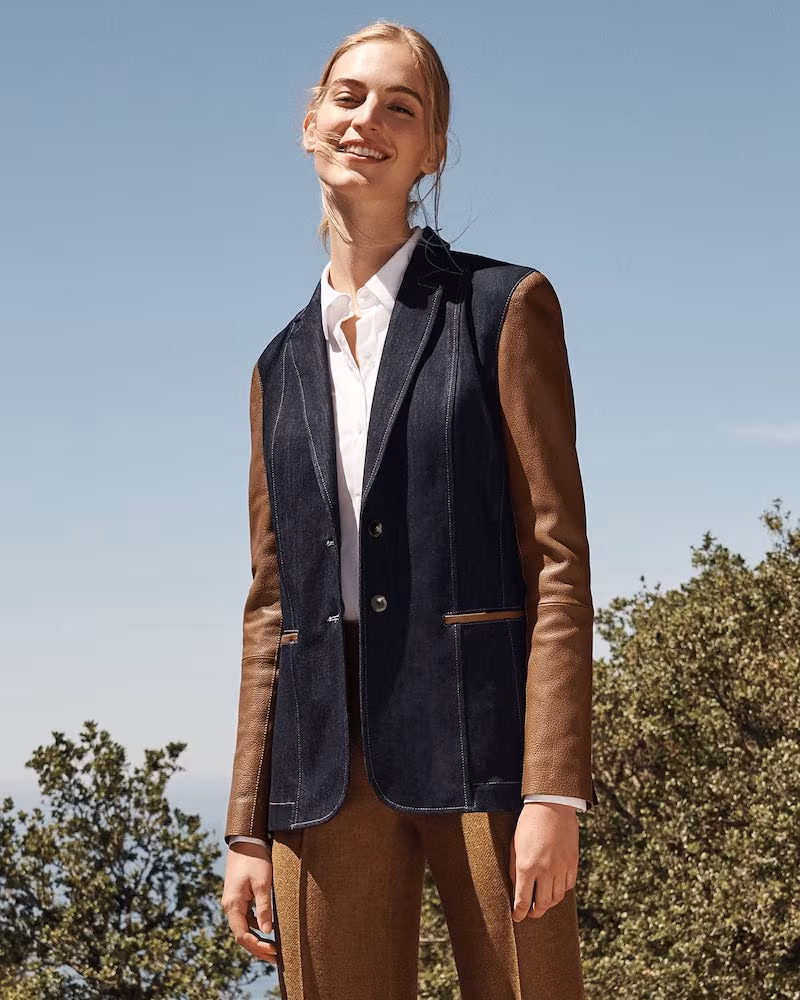 Lafayette 148 New York Rozella Prestige Denim 11 Oz Jacket With Leather Combo
